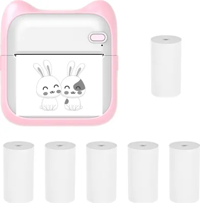 Zdjęcie produktu dla Mini drukarka termiczna, czarno-biała drukarka fotograficzna z natychmiastowym wydrukiem, rozdzielczość 203 DPI, bezprzewodowa łączność Bluetooth, naklejki z 6 rolkami papieru termicznego 57 x 25 mm, kompatybilna z systemami Android i iOS, kolor różowy