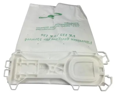 A white vacuum cleaner bag with a white plastic attachment is shown against a white background.