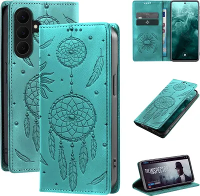 Produktbild von Handyhülle für Samsung Galaxy S26 RFID Schutz Klapphülle Case Cover Blumen Design Traumfänger Schutzhülle Farbe: Türkis