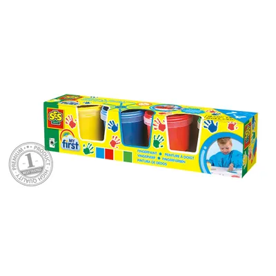 Produktbild von SES Creative My First 14413 - Fingerfarbe Set: 4 leuchtende Farben für Kleinkinder, Blau, Grün, Rot, Gelb, Gluten-frei, 150 ml