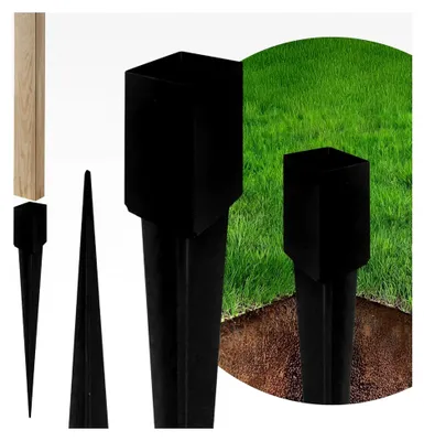Produktbild von Einschlagbodenhülse, Pfostenträger für Holzpfosten - 60x750mm - Quadratische Basis - Bodenhülse aus feuerverzinktem Stahl - Stabile Pfostenanker für den Außenbereich - Robustes Metall - Schwarz