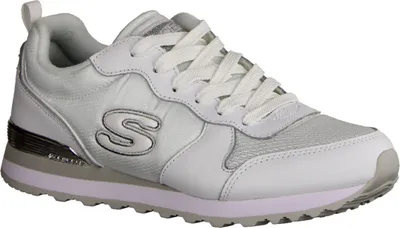 A single white Skechers sneaker is shown from a side angle against a white background.