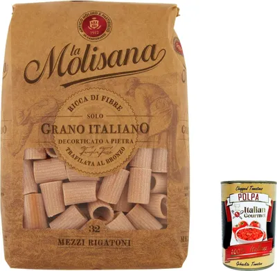 Produktbild von 12x Pasta La Molisana Mezzi rigatoni n.32 Integrale Vollkornnudeln Kurze Nudeln, NUR italienischer Weizen - 500g + Italian Gourmet P0lpa 400g