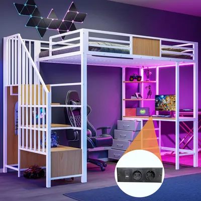 Produktbild von Flieks Etagenbett 90x200cm mit Schreibtisch und Steckdose, Hochbett mit Treppe und Stange, Kinderbett Jugendbett mit Rausfallschutz, Weiß