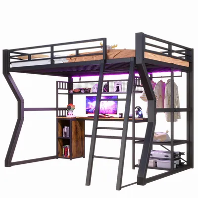 Produktbild von Hochbett mit RGB LED-Streifen, Schreibtisch, Lattenrost, Trittleiter, Kleiderstange, Regal, USB und Type-C, 140x200 cm, Kinderbett mit Rausfallschutz