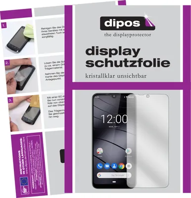 A collage showing instructions for applying a screen protector and a product shot of the screen protector with a phone.