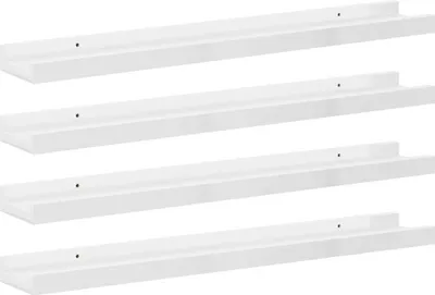Four white shelves are stacked vertically against a white background.