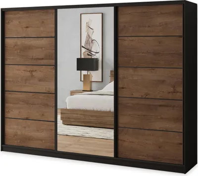 Produktbild von Masseno Schiebetürenschrank NATA 235/205/58 cm Kleiderschrank mit 4 Schubladen Schlafzimmer Schrank 3-türig mit Spiegel Schwarz / Eiche Lefkas
