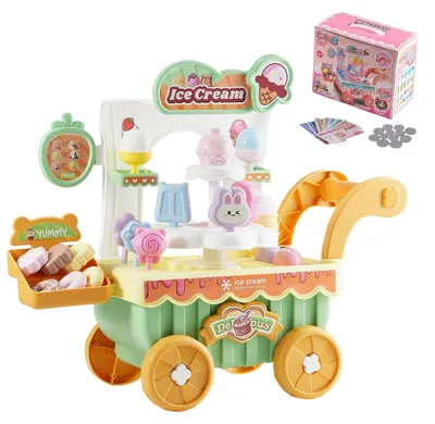 Produktbild von VEVOR Eiswagen für Kinder, 27 Teile Zubehör, Rollenspielgeschäft mit Aufbewahrungstrolley, Spielgeld, Sound- und Lichteffekte, Montessori Bildungs-Eiswagen Spielzeug für Kleinkinder ab 3 Jahren, Grün