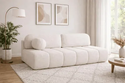 Produktbild von Polstersofa  aus Bouclé, Sofa mit Schlaffunktion und Bettkasten, Polstersofa, Sofagarnitur Wohnlandschaft mit Bettfunktion, Couch für Wohnzimmer - Schlafsofa - Sofa Fluffy - Weiß (Anthology 1)