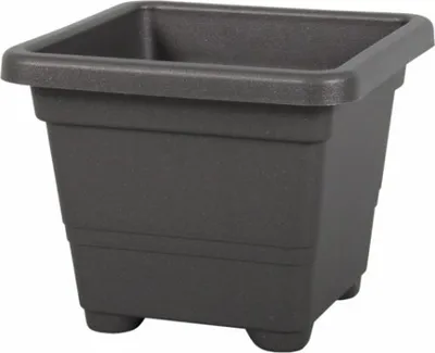 A dark gray square planter pot with a textured surface and a rim around the top. It has four small feet at the bottom.