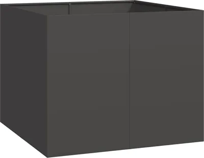 A dark gray, cube-shaped planter is shown from a slightly elevated, diagonal angle against a white background.