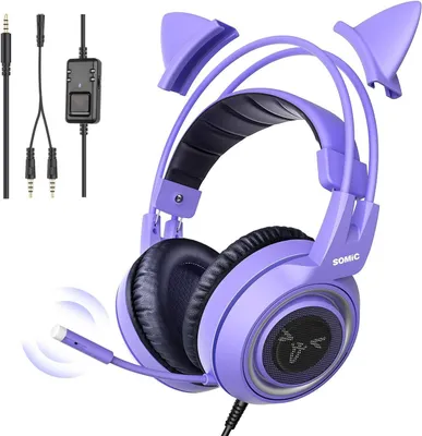 Produktbild von QUALITÄTSLEISTUNG Gaming-Headset mit Mikrofon, Mädchen Frauen Rosa Katze Ohr-Kopfhörer mit 3,5-mm-Kabel für Xbox One, PS4, Smartphone