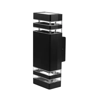 A black outdoor wall light with clear glass panels.