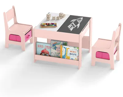 Image de COSTWAY, ensemble table et chaises pour enfants 4 en 1 : table d'activité avec plateaux double face et étagères, 2 chaises avec compartiments de rangement, meubles pour enfants