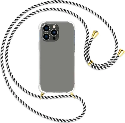Produktbild von Handykette Backcover-Schutzhülle mit Band (Metall goldfarben) für Apple iPhone 14 Pro Max (6.7'') - schwarz/weiß gestreift