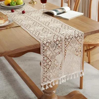 Obrázek produktu pro Háčkovaný běhoun na stůl, boho krajkové povlečení, klasická béžová barva, svatební ubrus s vintage střapci, dekorace na stůl do kuchyně, jídelny, na dovolenou a večírky