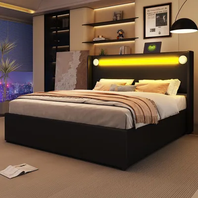 Produktbild von Merax Polsterbett 160x200 cm mit LED Lichtleiste, Jugendbett mit Bluetooth Lautsprecher, USB Ladeanschlüssen, hydraulischem Stauraum, Kunstleder, Schwarz