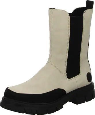 A single beige and black Chelsea boot is shown against a white background.