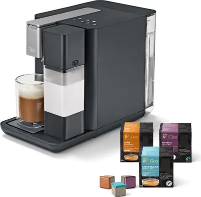 Produktbild von Tchibo Qbo MILK MASTER Premium Kapselmaschine inkl. 24 recyclebare Qbo Kapseln für Cappuccino, Espresso, Caffè Crema, Milchschaum auf Knopfdruck mit abnehmbarem Milchtank 300ml, Gently Grey