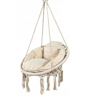 Zdjęcie produktu dla Fotel wiszący BLISS z poduszkami, fotel wiszący w stylu boho, beżowy, wytrzymujący obciążenie do 150 kg, huśtawka z makramy bawełnianej do ogrodu, na balkon i do salonu, kremowo-biały