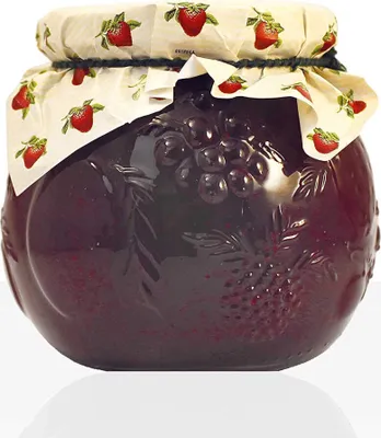 A jar of strawberry jam with a decorative lid and embossed fruit design on the glass.