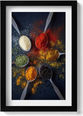 Produktbild von Löffel mit bunten Gewürzen für die Küche– Wandbild mit Rahmen – Gerahmtes Bild  – Wanddekoration – 20x30 cm – Schwarz