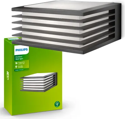 A Philips outdoor wall light and its packaging are shown against a white background.