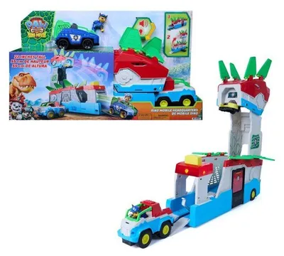 Productafbeelding van Transformeerbare dinosaurus-vrachtwagen, "La Pat' Patrouille" met Chase-figuurtje, van Spin Master. Geschikt voor kinderen vanaf 3 jaar