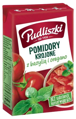 Produktbild von Pudliszki Gehackte Tomaten mit Basilikum und Oregano 390 g