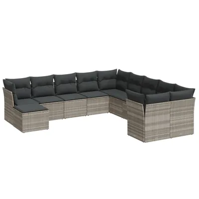 Produktbild von 11-tlg. Garten-Sofagarnitur mit Kissen Hellgrau Poly Rattan