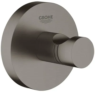 A close-up product shot of a single GROHE Essentials 40364_1 hard graphite brushed bath robe hook.