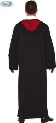 A person wearing a black robe with a red lining and hood, seen from the back.