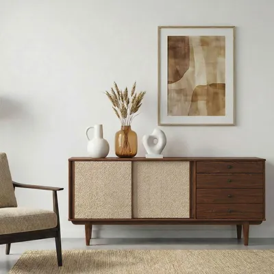 Produktbild von Sideboard SIMONA mit Rattan-Geflecht 175cm, kastanien optik – 4 Schubladen und 2 Schiebetüren, Flurkommode mit Einlegeboden, Wohnzimmer
