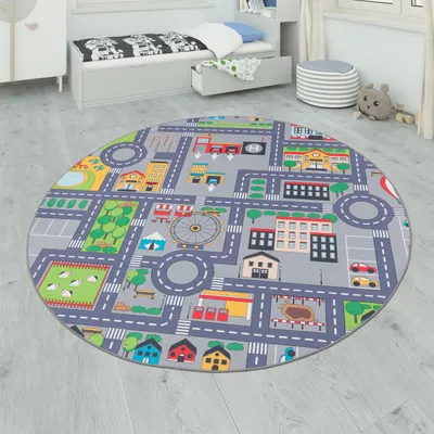 Produktbild von Spielteppich Kinderteppich Kinderzimmer Straßenteppich Straßen Design, In Grau Grösse Ø 200 cm Rund