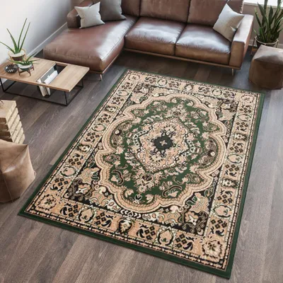A living room scene with a sectional sofa, coffee table, and a rug.