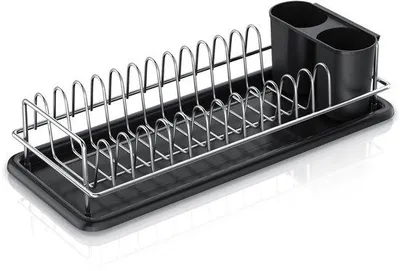 Image de Unyqoos® : égouttoir à vaisselle gain de place – 12 places, 2 supports à couverts, en métal, avec bac de récupération en plastique