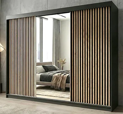 Produktbild von Schwebetürenschrank FARA 3-türig Schrank 200 cm Kleiderschrank mit 4 Schubladen, und 3D-Lamellen. Farbe: Schwarz / Schwarz / Schwarz