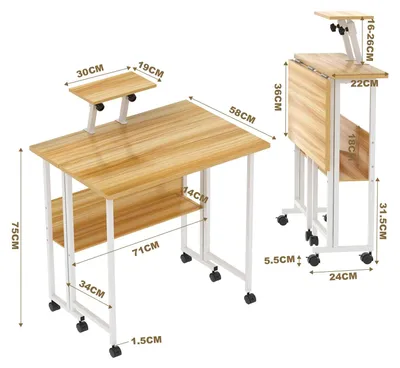 Produktbild von Kleiner klappbarer Schreibtisch - Computertisch mit Rollen - 58×80×75 cm - Mit Stauraum - Tastaturauszug - Für kleine Räume - Holzoptik