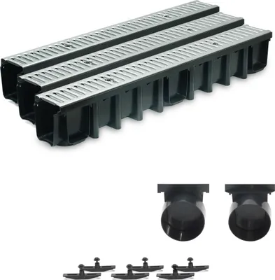 Produktbild von 3m Entwässerungsrinne Terrassenrinne Stahlrost verzinkt komplett SET, System A15 148mm, inkl. Zubehör