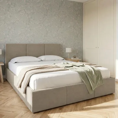Obrázek produktu pro Postel Collective Bett, dvojlůžko, čalouněná postel, rám postele s roštem a úložným prostorem (zásuvka), čelo postele se 3 panely, měkký samet, rozměry 120x200 cm, barva taupe, productTiles.product.images.aiGenerated