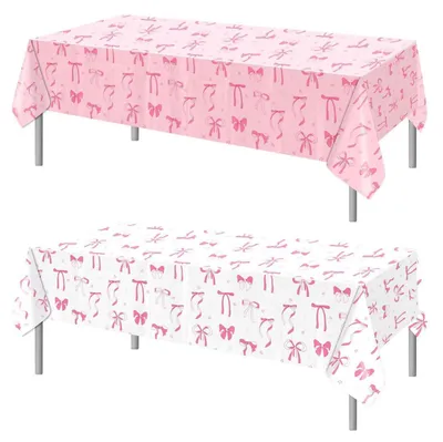 Productafbeelding van Tafelkleed met roze strikdesign, 2 stuks, 137 x 274 cm, kunststof, roze en wit