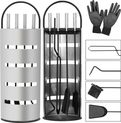 Image de Mucola set de cheminée argent 6 pcs. accessoires de cheminée outillage de cheminée kit de nettoyage de cheminée garniture de cheminée protection visuelle