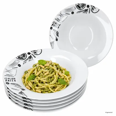Image de 6 assiettes rigatoni, diamètre 23,5 cm, capacité 550 ml, en porcelaine, décorées, pour pâtes, soupes, Image générée par une IA