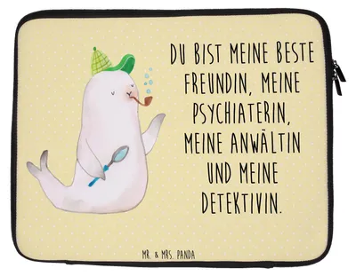 Produktbild von Mr. & Mrs. Panda Laptop Hülle Robbe Sherlock 33 x 42 cm - Gelb Pastell - Geschenk, Schutzhülle, Tasche, Laptoptasche, Lustige Sprüche, Notebook