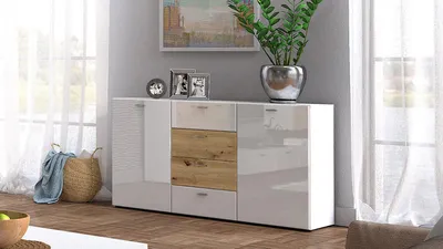 Produktbild von Sideboard SARI Kommode weiß hochglanz und Artisan Eiche