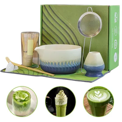 Image de Set de fouet à matcha, set de matcha, bol à matcha en céramique, fouet, pelle, support de chasen, passoire, Premium Japanese Matcha Tea Set - 7 pièces