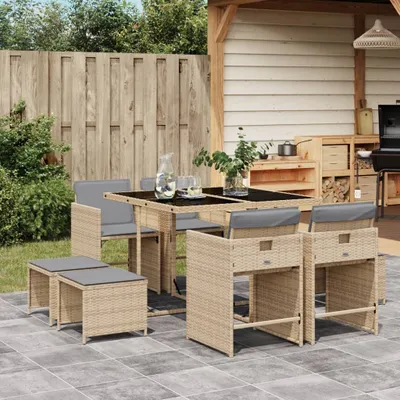Produktbild von "2026 Promotion" 9-tlg. Garten-Essgruppe - mit Tisch und Stühlen - mit Kissen - Beigemischung Poly Rattan - Gartenmöbelset CC11601