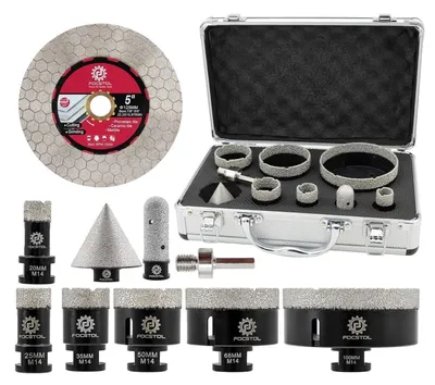 Productafbeelding van Diamantboormachine set, 10 stuks, met schuine boor, frees en doorslijpschijf voor tegels, porselein, keramiek en marmer