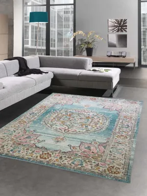 Obrázok produktu pre Koberec do exteriéru, orientálny koberec, koberec do obývačky, modro-krémové vzory, rozmery – 120 x 170 cm
